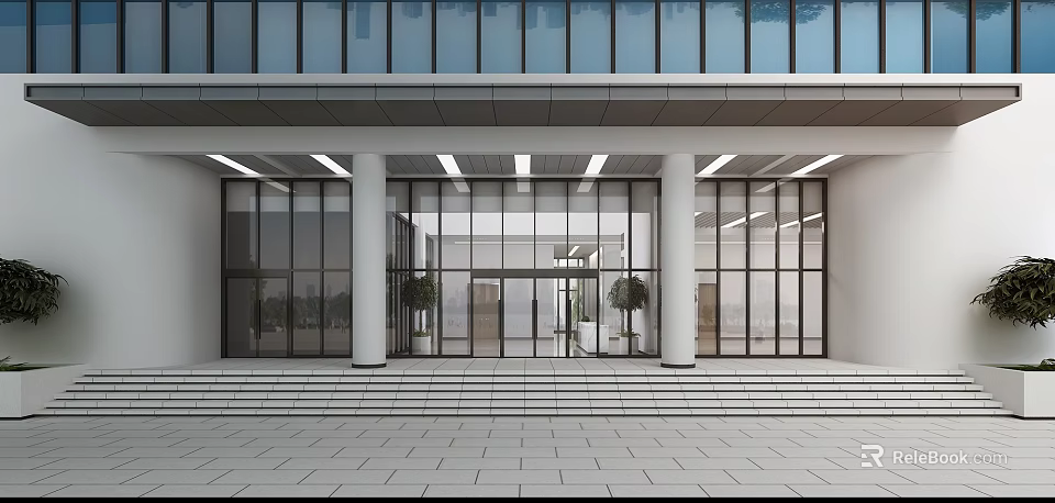 Modern Storefront Facade With Large Glass Windows Entrance And Stone Steps Architectural Design 3d model 