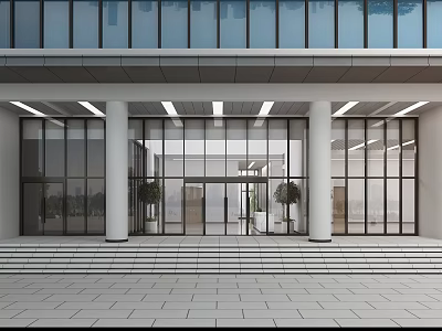 Modern Storefront Facade With Large Glass Windows Entrance And Stone Steps Architectural Design 3d model