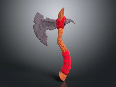 Medieval Battle Axe Weapon With Gray Intricate Head And Wooden Red Strapped Handle 3d model
