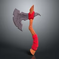 Medieval Battle Axe Weapon With Gray Intricate Head And Wooden Red Strapped Handle
