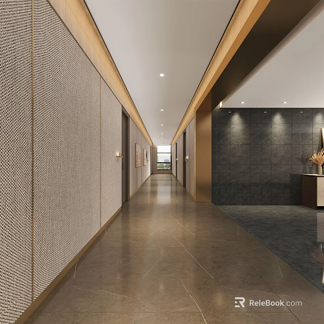 Modern Elevator Lobby Design With Textured Walls Polished Flooring And Recessed Lighting 3d model 