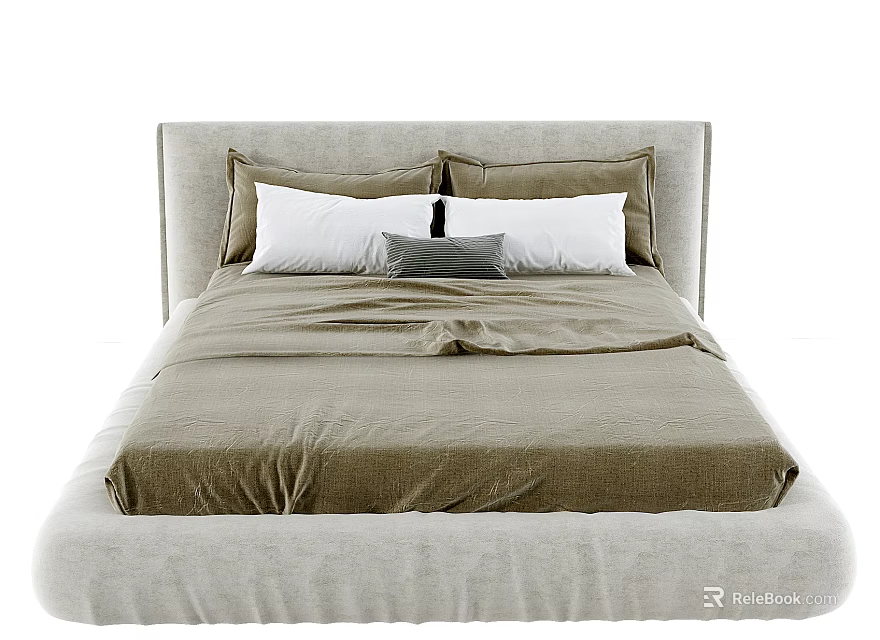 Modern Minimalist Double Bed With Beige Headboard And Light Brown Bedding And Gray Pillows 3d model 