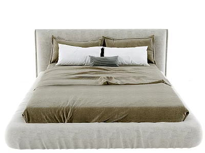 Modern Minimalist Double Bed With Beige Headboard And Light Brown Bedding And Gray Pillows 3d model