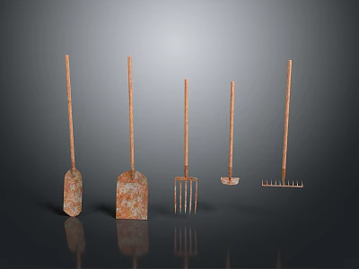 Rusty Long Handled Garden Tools Including Shovels Forks And Rakes Arranged On Dark Background 3d model