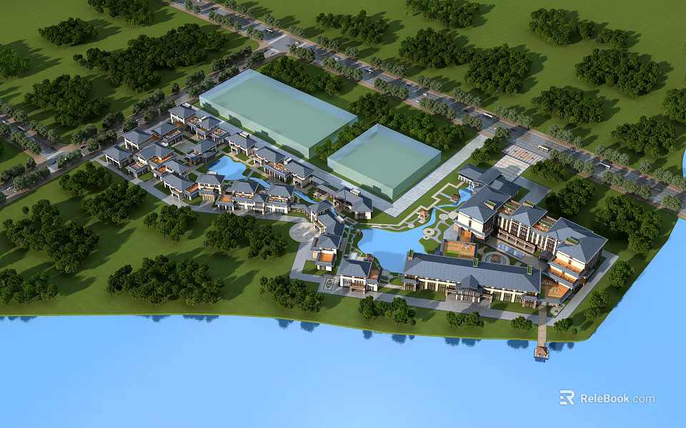 Large Scale Aerial View Planning With Buildings Green Areas And Waterbody 3d model 