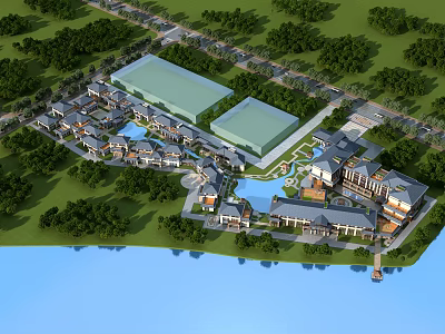 Large Scale Aerial View Planning With Buildings Green Areas And Waterbody 3d model