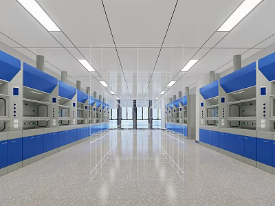 Laboratory Spacious Interior With Bright Lighting Blue Fume Hoods And Blue Cabinets 3d model