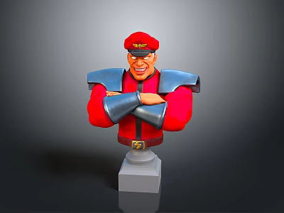 Game Character Bust With Red Uniform Blue Armor Crossed Arms Smiling Expression And White Base 3d model