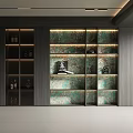 Elegant Modern Decorative Cabinet With Green Marble Texture Glass Doors Light Strips And Decorative Items