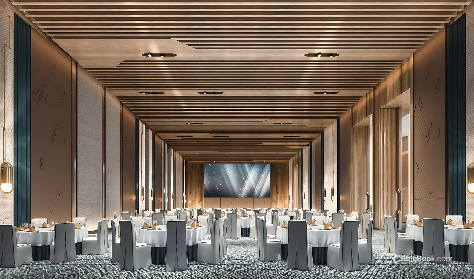 Elegant Modern Banquet Hall Interior With Wooden Slat Ceiling Tables And Large Screen 3d model 