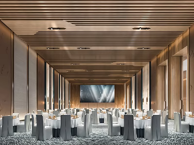 Elegant Modern Banquet Hall Interior With Wooden Slat Ceiling Tables And Large Screen 3d model