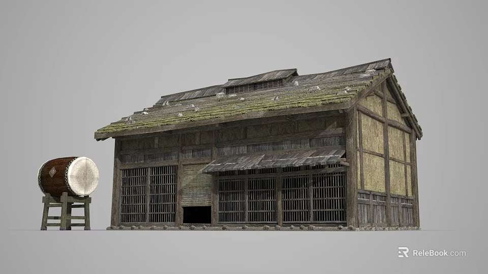 Traditional Ancient Wooden Building With Moss Covered Roof And Lattice Windows 3d model 