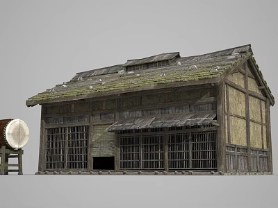 Traditional Ancient Wooden Building With Moss Covered Roof And Lattice Windows 3d model