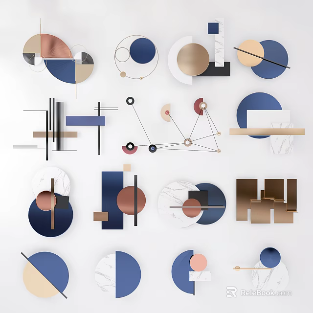 Elegant Modern Geometric Wall Decor With Blue Copper Circles And Lines 3d model