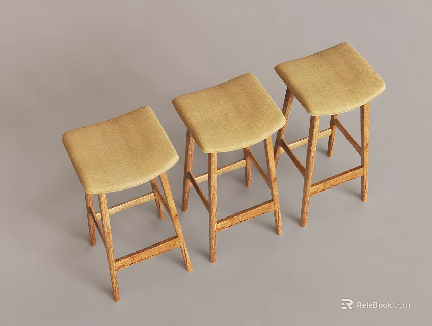 Three Light Beige Bar Stools With Wooden Frame And Upholstered Seats 3d model