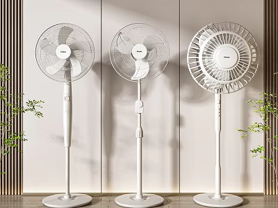 Three Modern White Standing Air Cooler Fans In Indoor Minimalist Decor With Green Plants 3d model