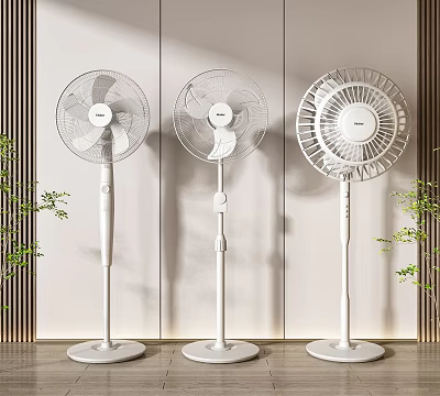 Three Modern White Standing Air Cooler Fans In Indoor Minimalist Decor With Green Plants 3d model