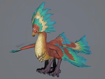 Mythical Phoenix Like Creature With Colorful Blue Green Red Feathers And Spread Wings 3d model