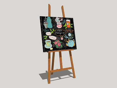 Wooden Easel With Blackboard Featuring Hand Drawn Tea Time Illustrations And Flowers 3d model