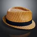 Straw Hat With Black Band And Woven Texture On Dark Background 3d model