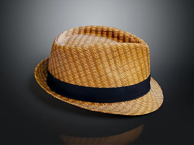 Straw Hat With Black Band And Woven Texture On Dark Background 3d model