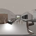 Modern Warm Tone Living And Dining Room With Leather Sofa And Full Wall Storage Cabinets