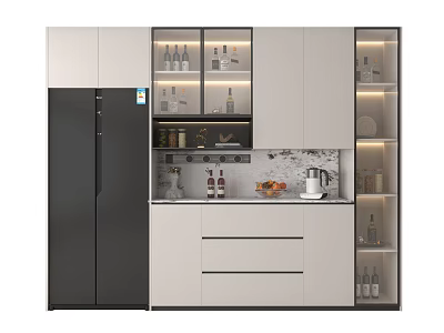 Modern Kitchen Wine Cabinet With Glass Doors Storage Cabinets And Black Refrigerator 3d model