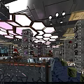 Stylish Bar Interior With Purple Lighting Geometric Ceiling And Cozy Seating