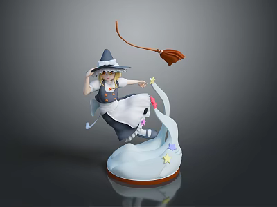 Woman In Witch Hat And Maid Outfit Holding Broom On Cloud Base With Stars 3d model