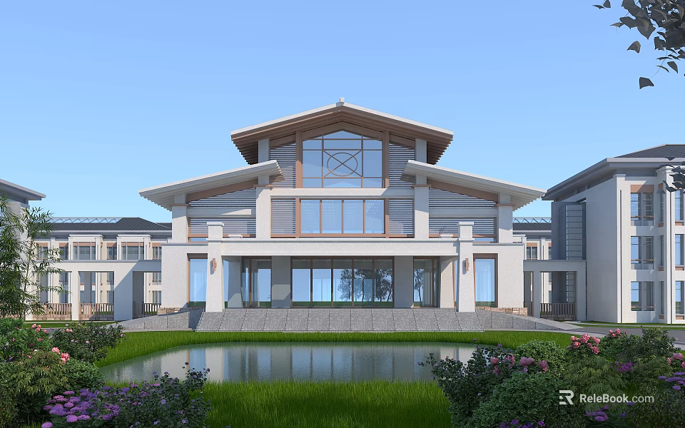 Modern Chinese Style Hospital Building Featuring Symmetrical Design Front Pond Lawn And Flower Beds 3d model 