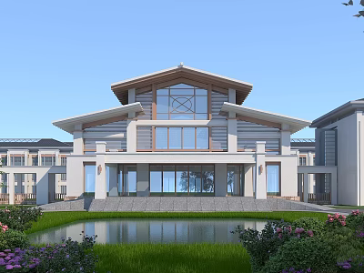 Modern Chinese Style Hospital Building Featuring Symmetrical Design Front Pond Lawn And Flower Beds 3d model