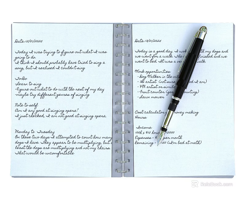 Open Notebook With Handwritten Notes And Fountain Pen On Pages 3d model 