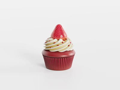Delicious Red Cupcake With White Cream Fresh Strawberry And Red Sprinkles 3d model