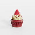 Delicious Red Cupcake With White Cream Fresh Strawberry And Red Sprinkles