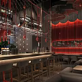 Modern Bar Interior Design With Red Lighting Bar Counter Stools And Seating Area 3d model