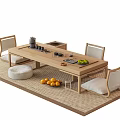 Natural Wooden Tea Table and Chairs with Stool Fruits Tea Set on Mat