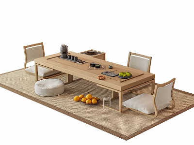 Natural Wooden Tea Table and Chairs with Stool Fruits Tea Set on Mat 3d model