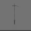 Long Handle Sickle Weapon With Metal Construction Sharp Blade And Decorative Carvings