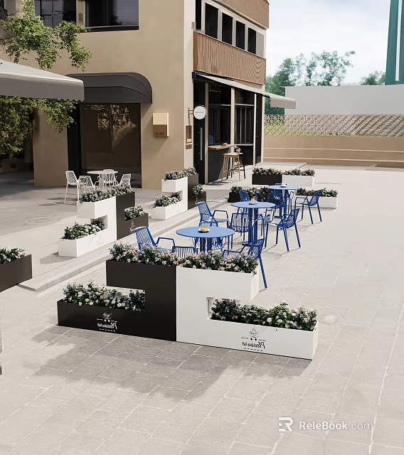 Outdoor Dining Space With Blue Chairs And Tables White Black Planters And Green Plants 3d model 