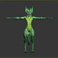 Fantasy Green Horned Creature Character With Muscular Body And Outstretched Arms
