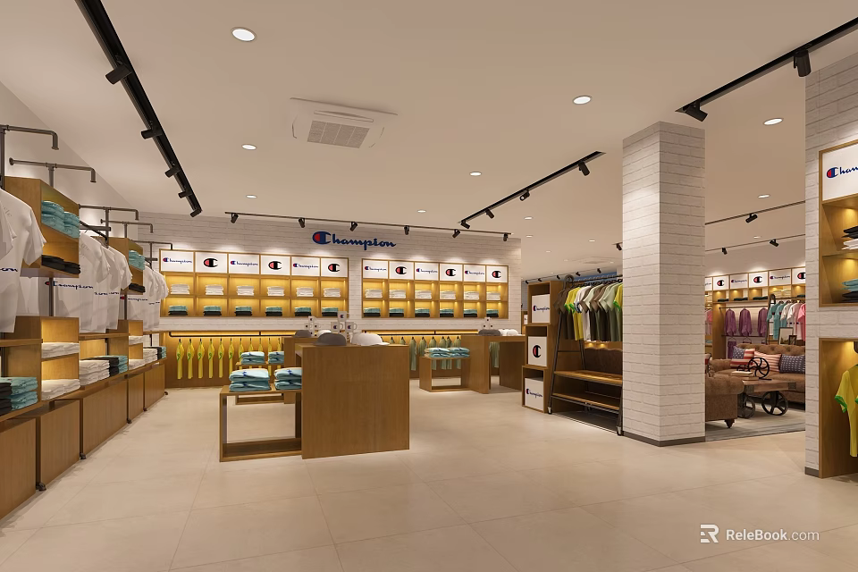 Bright Modern Clothing Store Interior With Hanging Clothes Shelves And Seating Area 3d model 