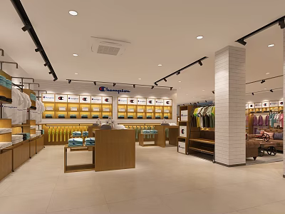 Bright Modern Clothing Store Interior With Hanging Clothes Shelves And Seating Area 3d model
