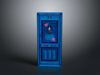 Vintage Blue Wooden Door Furniture With Pink Flowers And Decorative Panels 3d model