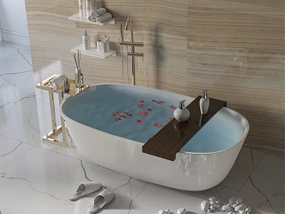 Luxurious White Freestanding Bathtub Featuring Red Flower Petals Wooden Tray And Marble Floor 3d model