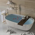 Luxurious White Freestanding Bathtub Featuring Red Flower Petals Wooden Tray And Marble Floor