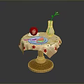 Wooden Dining Chair With Round Table Star Patterned Tablecloth White Vase And Hamburger