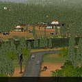 Scenic Rural Forest Landscape With Yurts Cars On Road And Lush Green Grassland