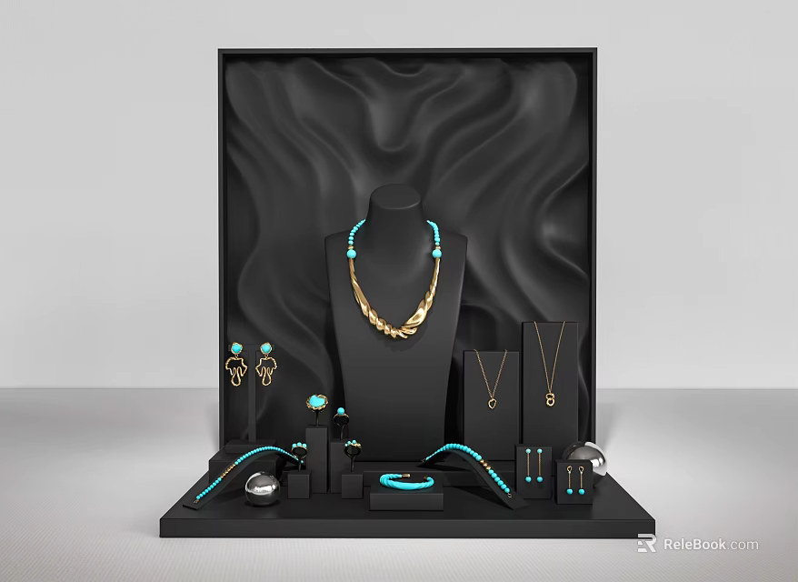 Luxury Jewelry Accessories Display With Gold Necklace Turquoise Earrings Bracelets And Rings On Black Stand 3d model 