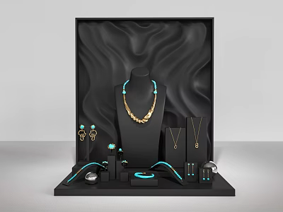 Luxury Jewelry Accessories Display With Gold Necklace Turquoise Earrings Bracelets And Rings On Black Stand 3d model