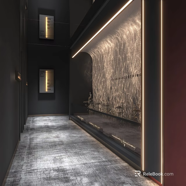 Modern Elevator Lobby Design With Textured Wall LED Light Strips And Gray Flooring 3d model 